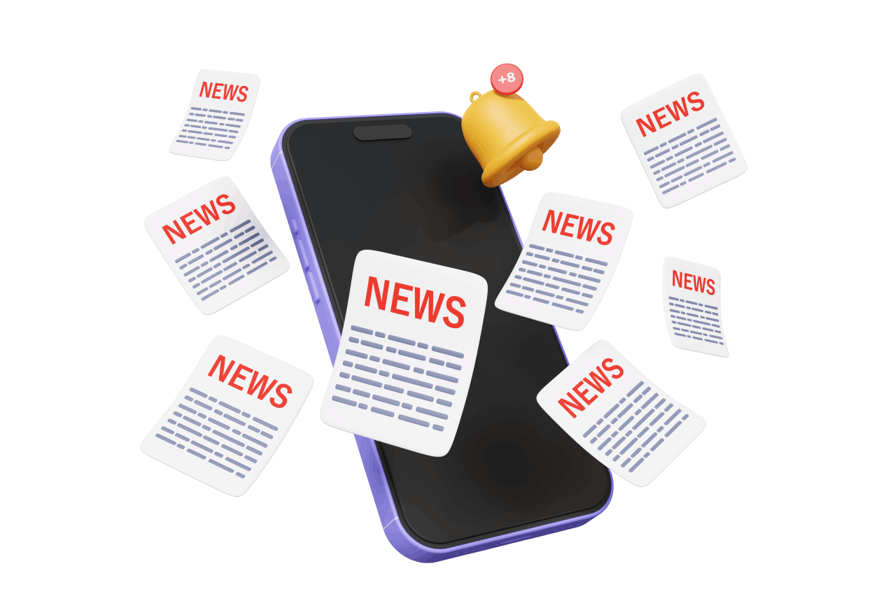 Image of a mobile phone with news articles "floating" around and an alarm bell