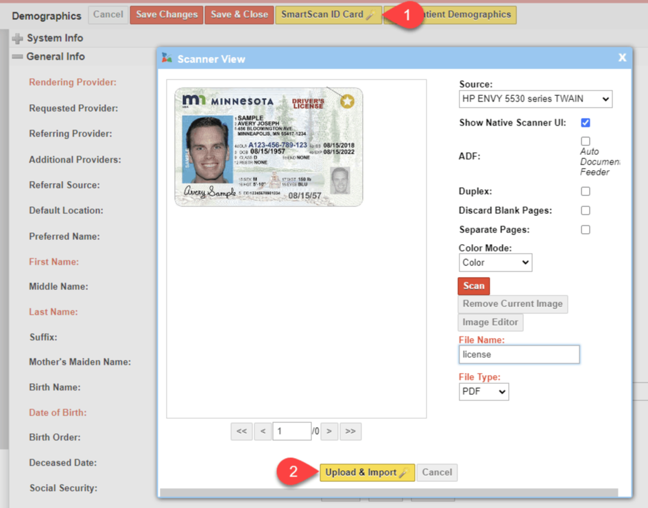 Scanner View window of SmartScreen. Demonstrates pulling demographic data from driver's license directly into a patient record by clicking import.