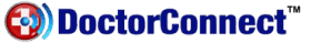 Logo for Doctor Connect. Includes the company name preceded by a white cross in a red circle with a blue border. Radio waves emanate from the center.