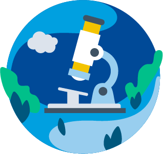 a circular icon with a microscope.