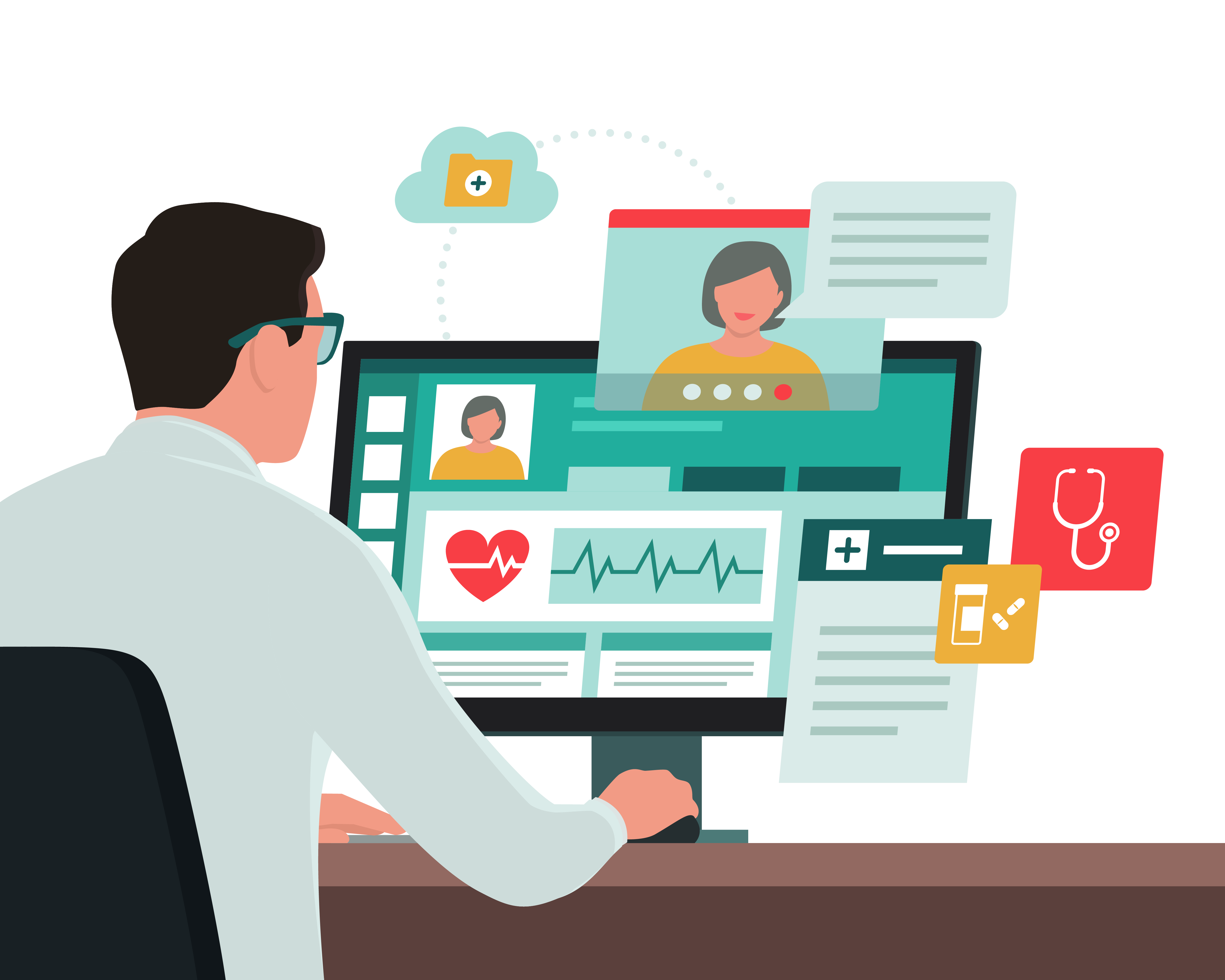 Vector graphic showing a doctor working on an electronic health records system on a desktop PC. The image highlights key functions of an EHR with breakout windows of photos, results, icons and images that tie it all together.