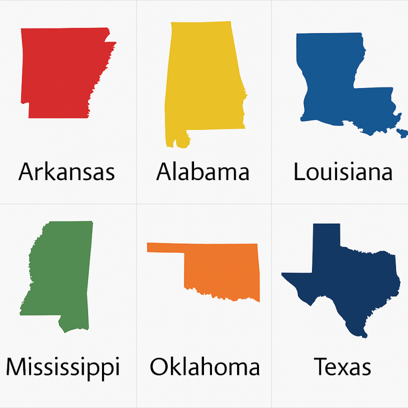 State outline graphics from the mid-south, including Arkansas, Alabama, Louisiana, Mississippi, Oklahoma, and Texas