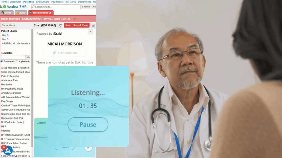 Ambient AI image with doctor listening to patient while AI takes notes.