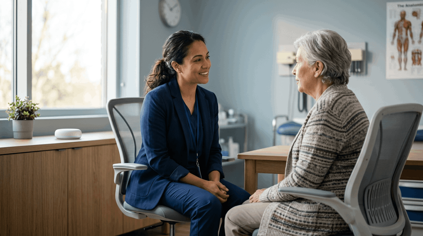 A physician discusses health conditions with her patient while an ambient AI device listens passively with the patient's permission, organizing and creating documentation for the patient's chart, allowing the provider face-to-face time and fewer documentation hours