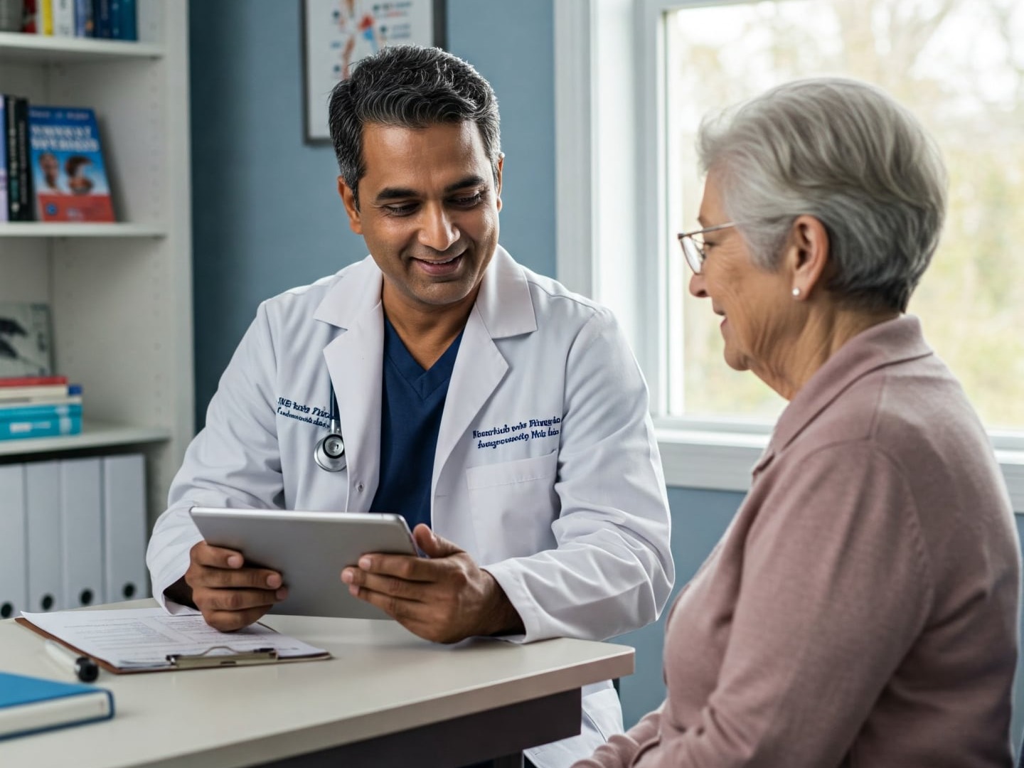 A doctor speaking with a patient with AI taking notes.
