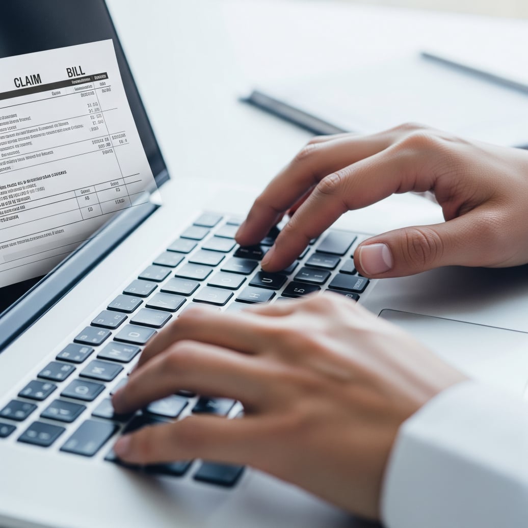 A close-up of hands typing on a laptop or tablet, with a medical bill or claim form visible (but generic/blurred enough for privacy
