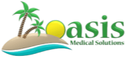 Oasis Logo shows two palm trees next to water. The O in Oasis is the sun rising above the horizon. 