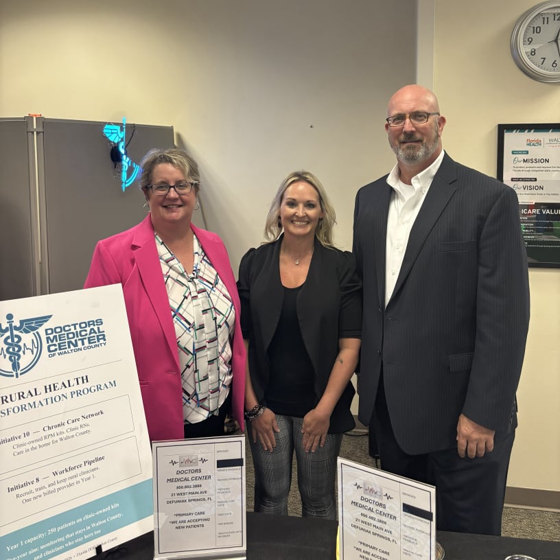 Oasis Medical Solutions Co-founders Ashley Williams and Will Williams, and Mallie Hart, CEO of Doctor's Medical Center of Walton County presented at the Press Release Event for the Northwest Florida Rural Health Collaborative. Oasis is partnering with Doctors Medical Center for EHR services.