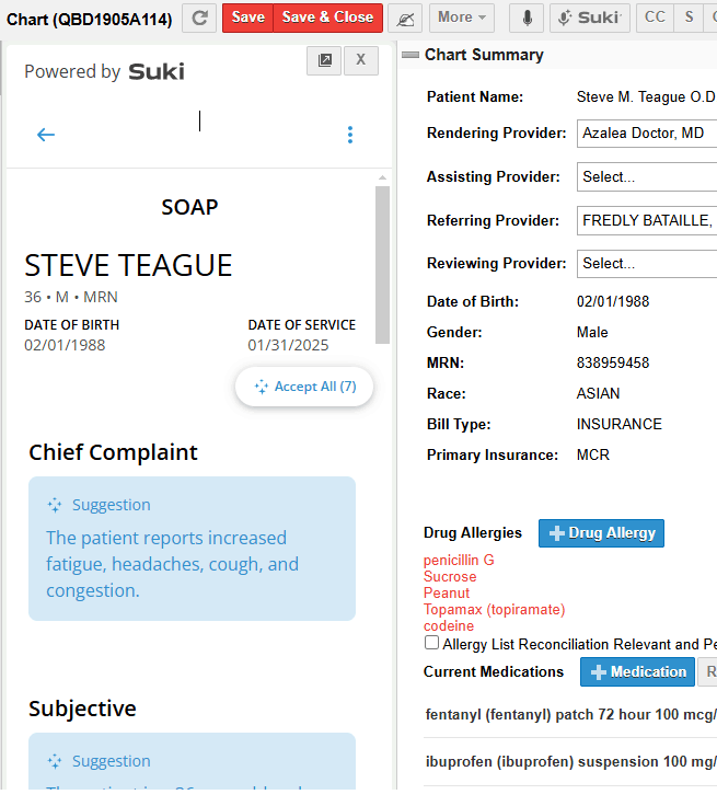 A screenshot from Azalea Health's Clinical Connect, showing how Suki adds information to text fields, in this example the Chief Complaint and Subjective areas.
