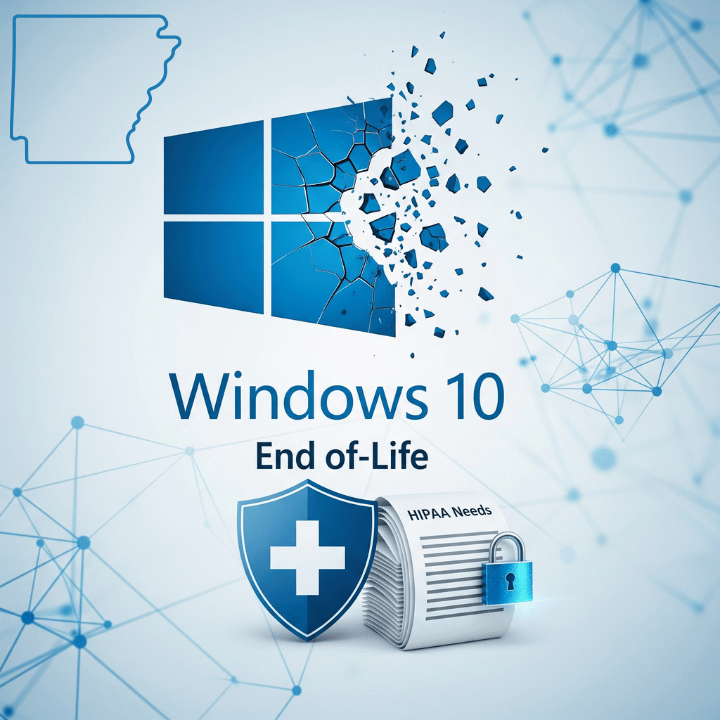 Image shows Windows 10 End-of-Life with Window disintegrating, a security shield and HIPAA stack, and outline of Arkansas.