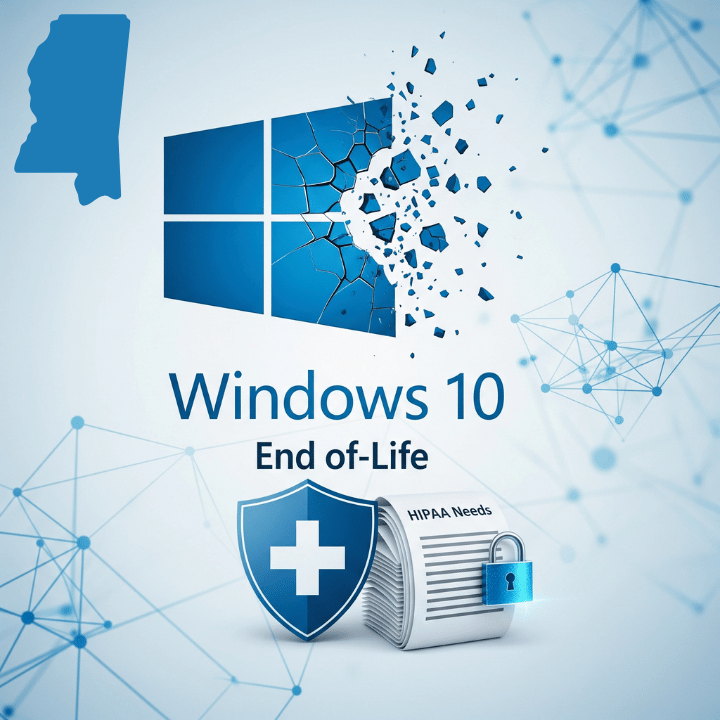 Image shows Windows 10 End-of-Life with Window disintegrating, a security shield and HIPAA stack, and outline of Mississippi.